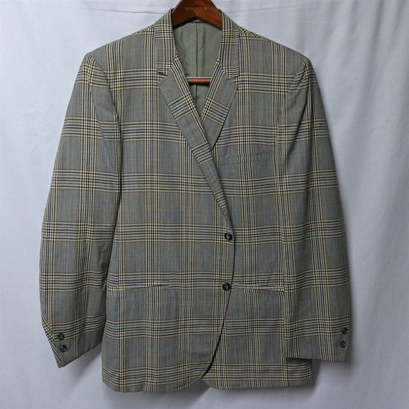 Vtg 70s Club Shop Bespoke 44R‎ Green Blue Plaid 2 Button Blazer Sport Coat - Picture 1 of 10